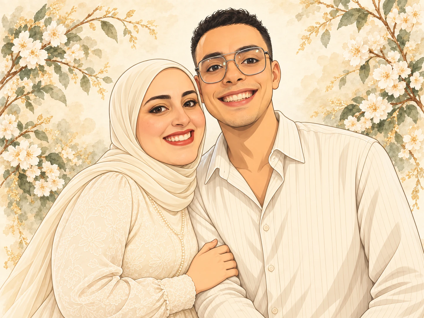 رسم لمحمود ومنى بأسلوب كرتوني مستوحى من ملامحهما، منى ترتدي حجابًا عاجيًا ومحمود يرتدي نظارته