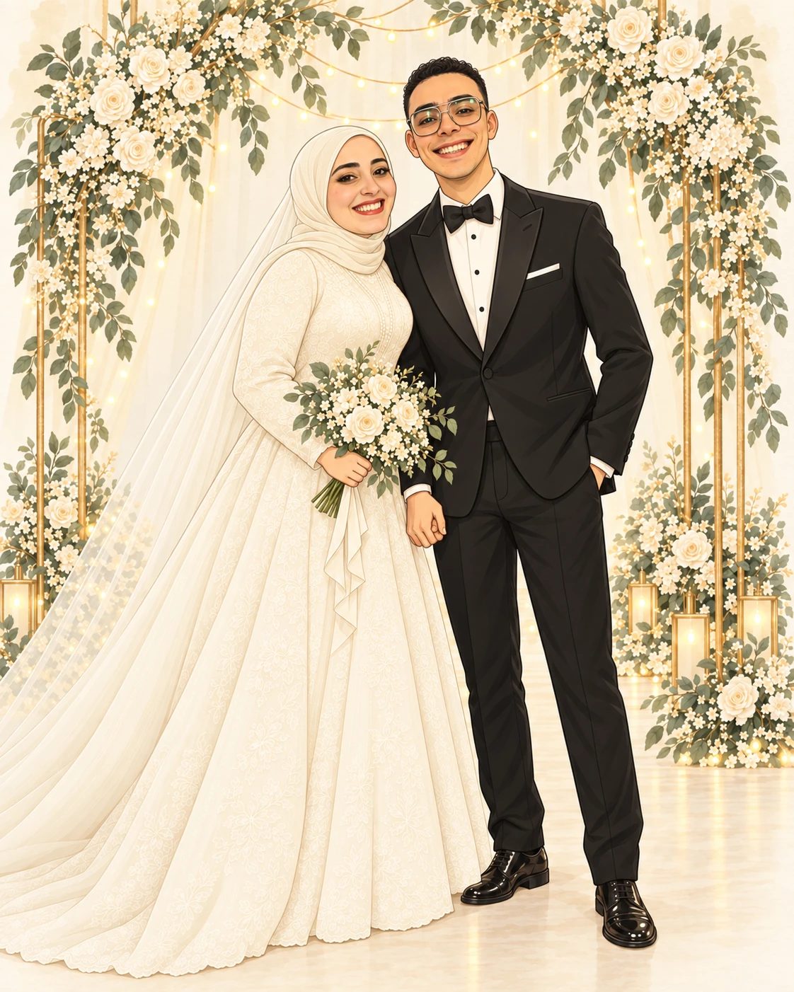 رسم متخيّل لليلة زفاف محمود ومنى بأسلوب كرتوني مستوحى من ملامحهما، بفستان محتشم وحجاب عاجي وبدلة سوداء